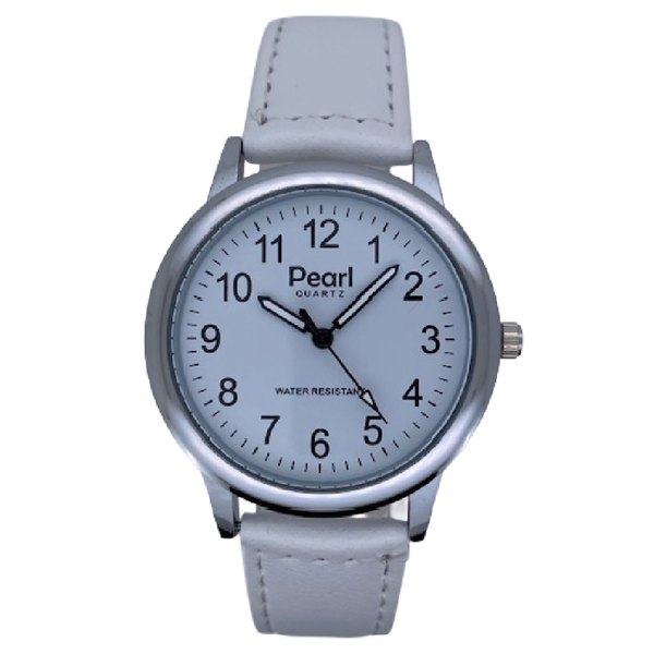 PEARL Herenhorloge Zilver Metaal Witte Leren Band - 10/PHL006