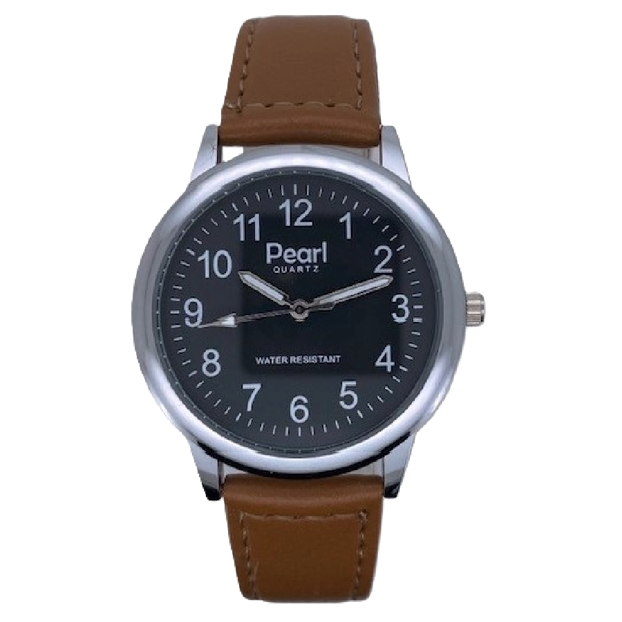 PEARL Herenhorloge Zilver Metaal Bruine Leren Band - 10/PHL007