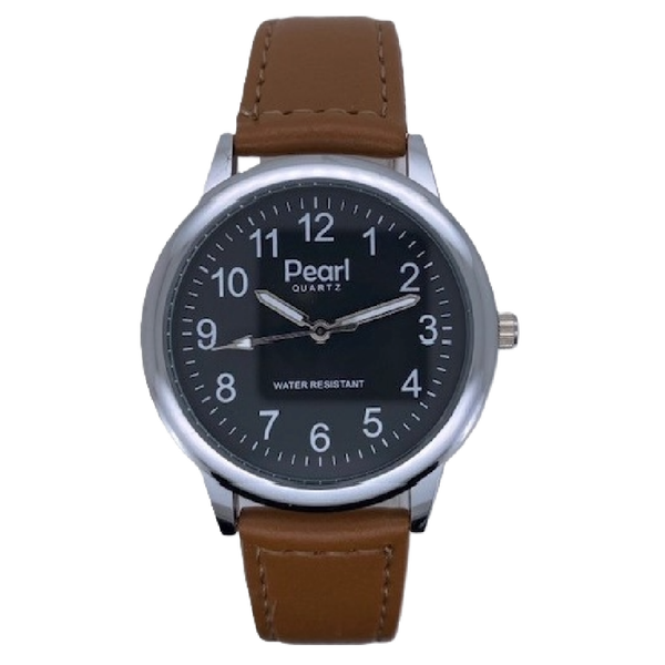 PEARL Herenhorloge Zilver Metaal Bruine Leren Band - 10/PHL007