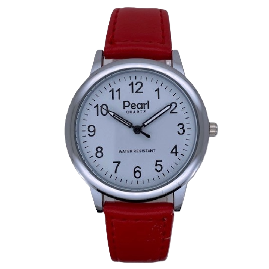 PEARL Herenhorloge Zilver Metaal Rode Leren Band - 10/PHL005