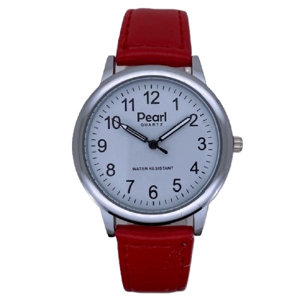 PEARL Herenhorloge Zilver Metaal Rode Leren Band - 10/PHL005
