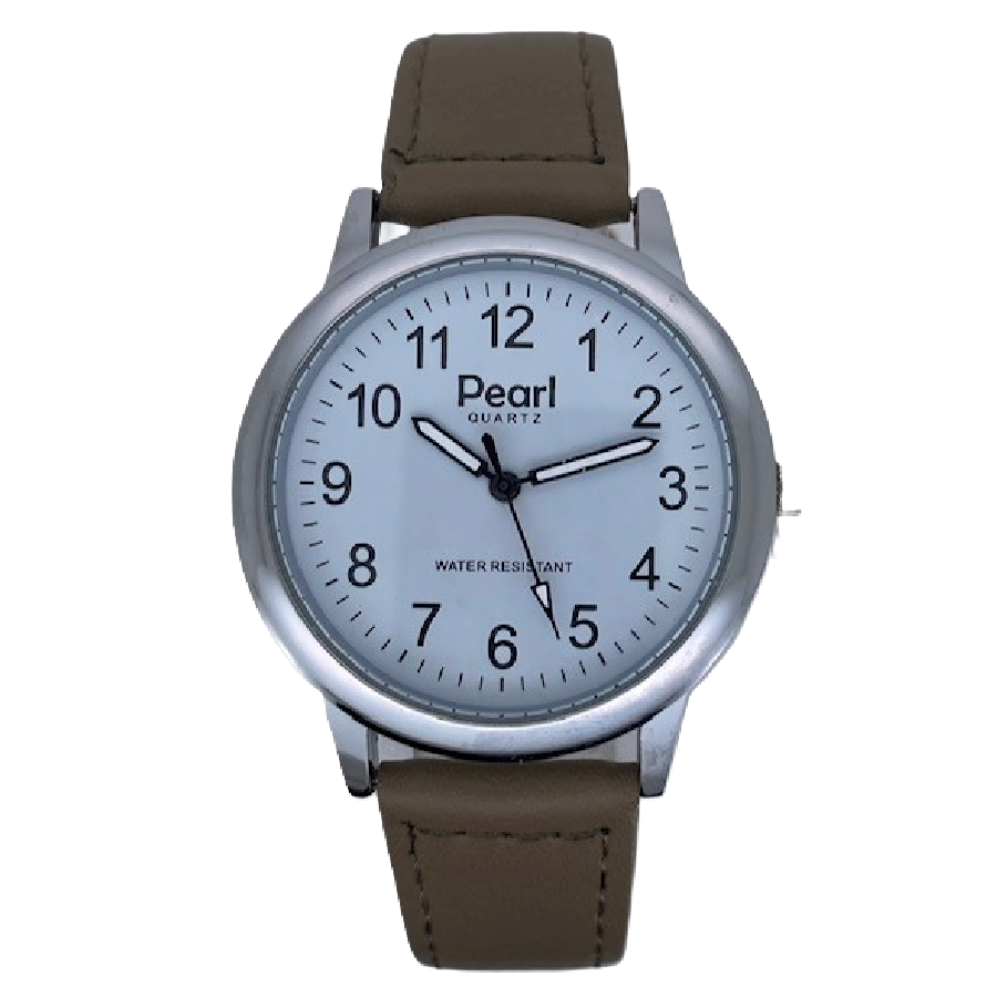PEARL Herenhorloge Zilver Metaal Taupe Leren Band - 10/PHS017