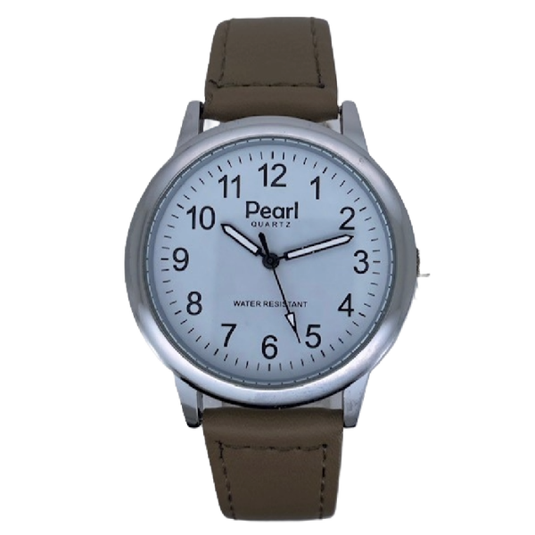 PEARL Herenhorloge Zilver Metaal Taupe Leren Band - 10/PHS017