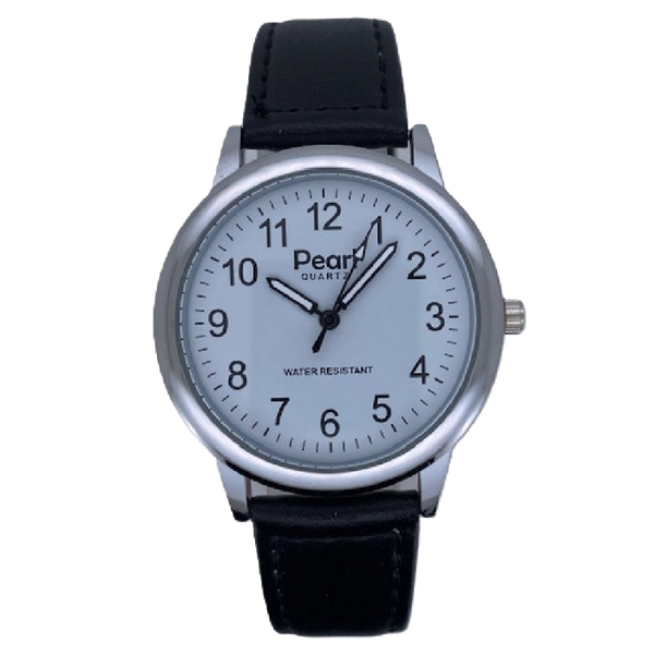 PEARL Herenhorloge Zilver Metaal Zwarte Leren Band - 10/PHL001
