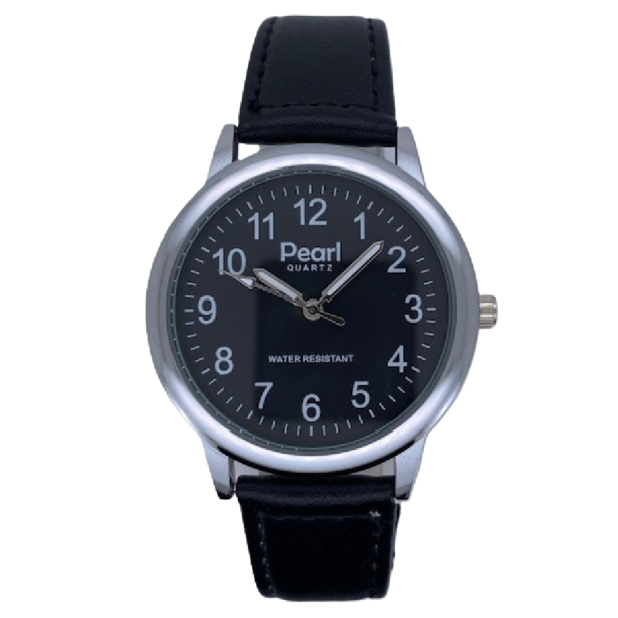 PEARL Herenhorloge Zilver Metaal Zwarte Leren Band - 10/PHL002