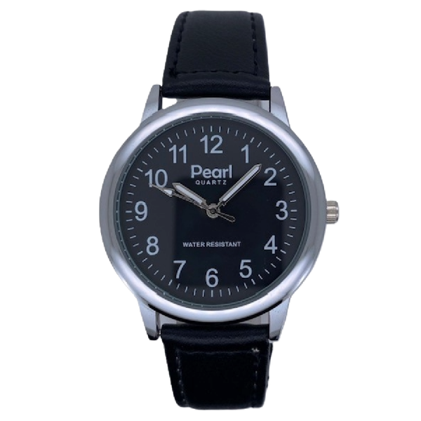 PEARL Herenhorloge Zilver Metaal Zwarte Leren Band - 10/PHL002