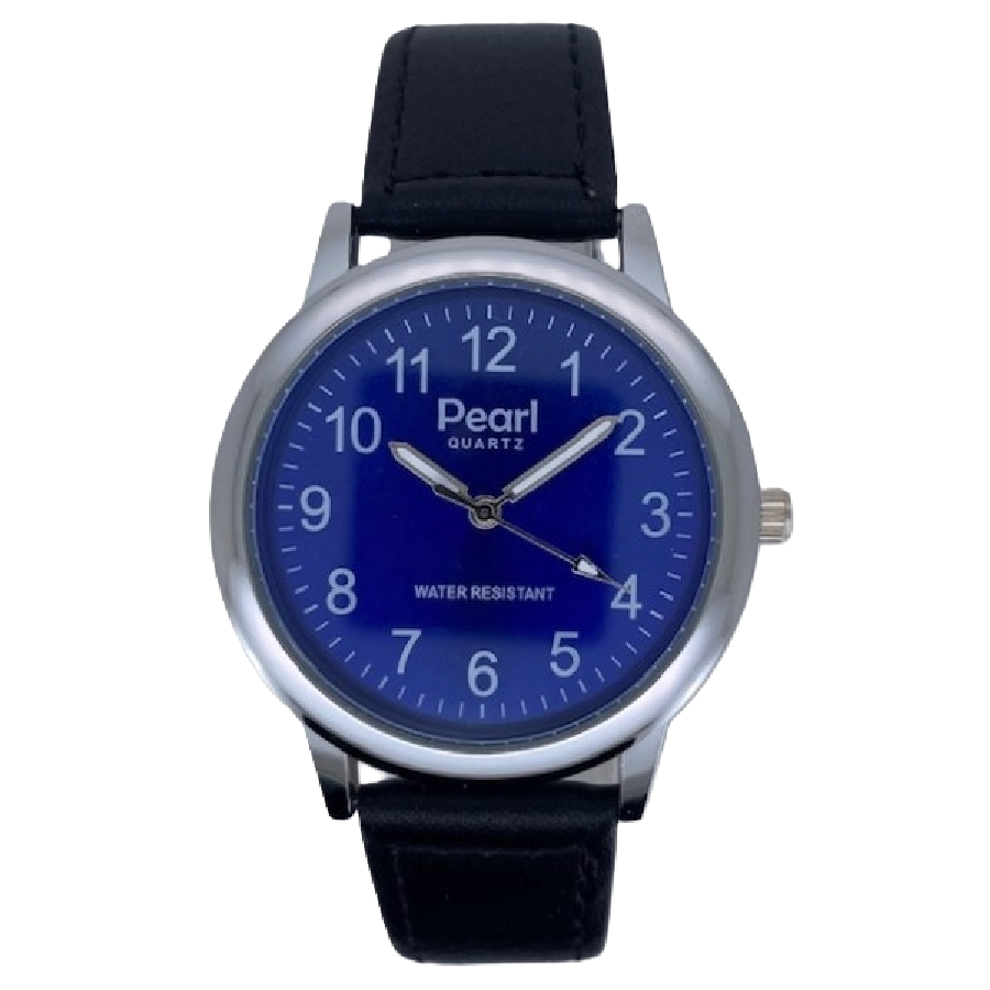 PEARL Herenhorloge Zilver Metaal Zwarte Leren Band - 10/PHS028