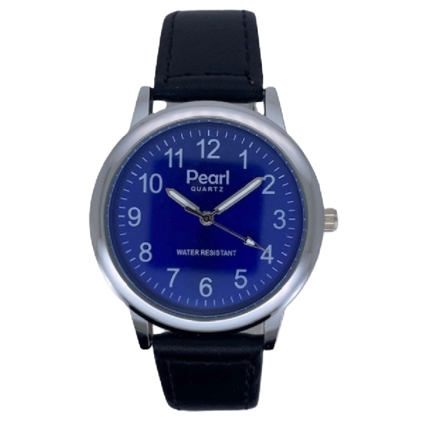PEARL Herenhorloge Zilver Metaal Zwarte Leren Band - 10/PHS028