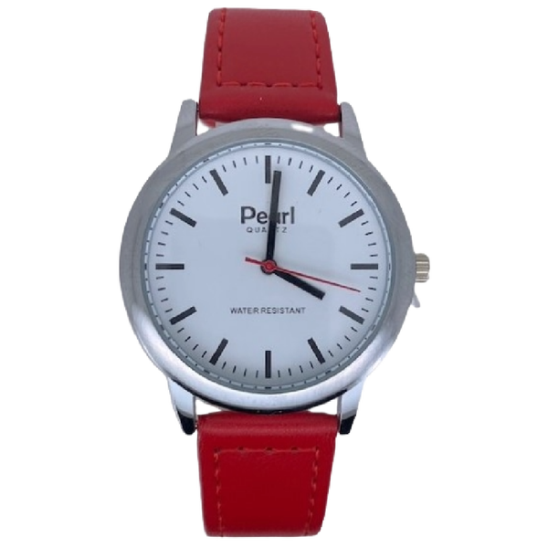 Pearl Herenhorloge Zilver Rode Leren Band - 10/PL003S.06