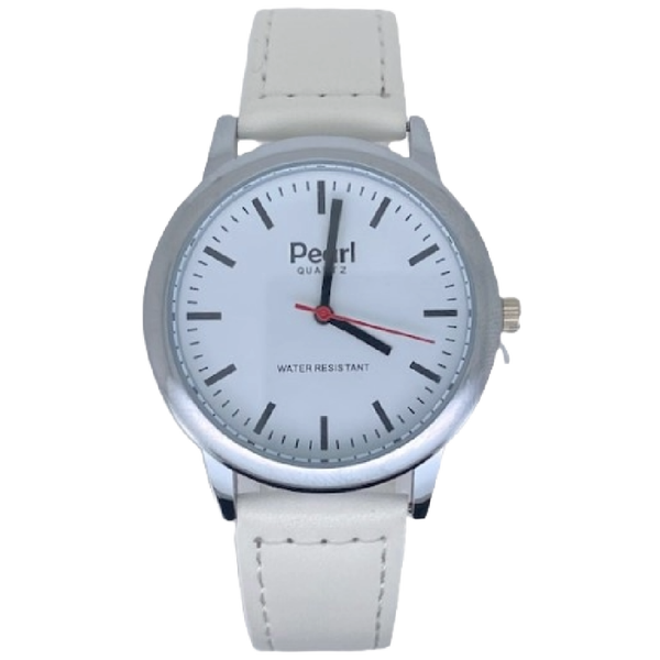 Pearl Herenhorloge Zilver Witte Leren Band - 10/PL003S.09