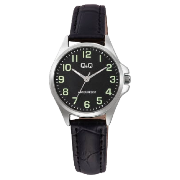 Q&Q Dameshorloge Zilver Metaal Zwarte Leren Band - C37A-014PY
