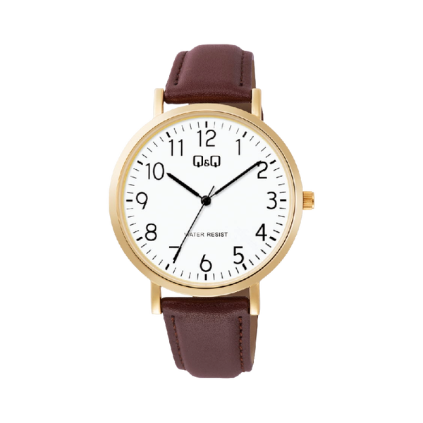 Q&Q Herenhorloge Goud met Leren Band - C34A-008PY