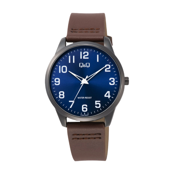 Q&Q Herenhorloge Zwart Metaal Leren Band - C32A-003PY