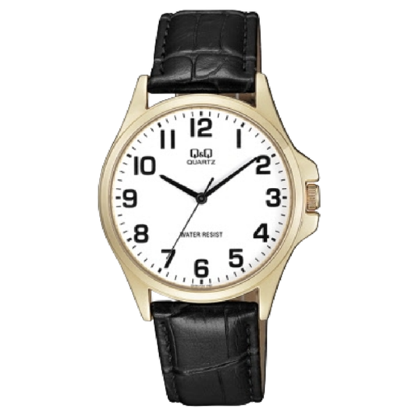 Q&Q Herenhorloge Goud Metaal Zwarte Leren Band - QA06J104Y