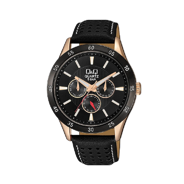 Q&Q Herenhorloge Zwart / Goud Leren Band - 387 CE02J532Y