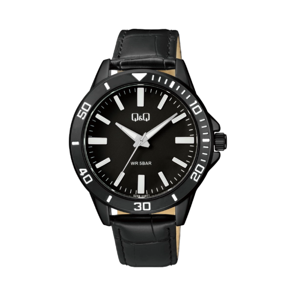 Q&Q Herenhorloge Zwart Metaal Leren Band - 1040 Q28B-008PY