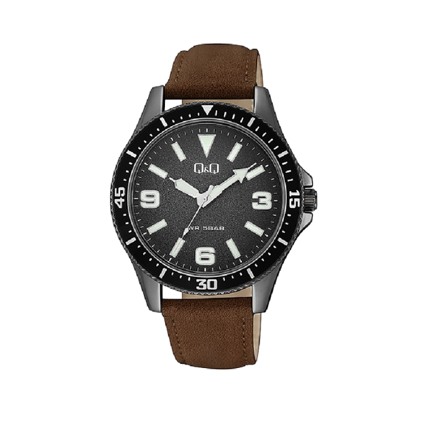 Q&Q Herenhorloge Zwart RVS Look Leren Band - QB64J505Y