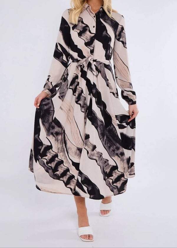 Black and Beige Abstract Print Midaxi Shirt Dress