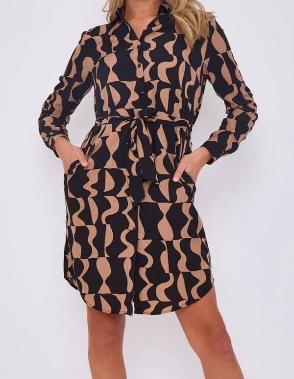 Black and Beige Mini Shirt Dress