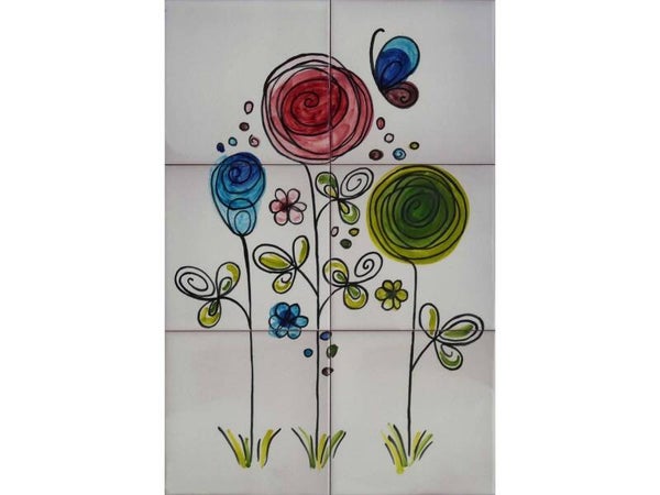 Tegeltableau: Bloemen en spiralen - 30 x 45 cm