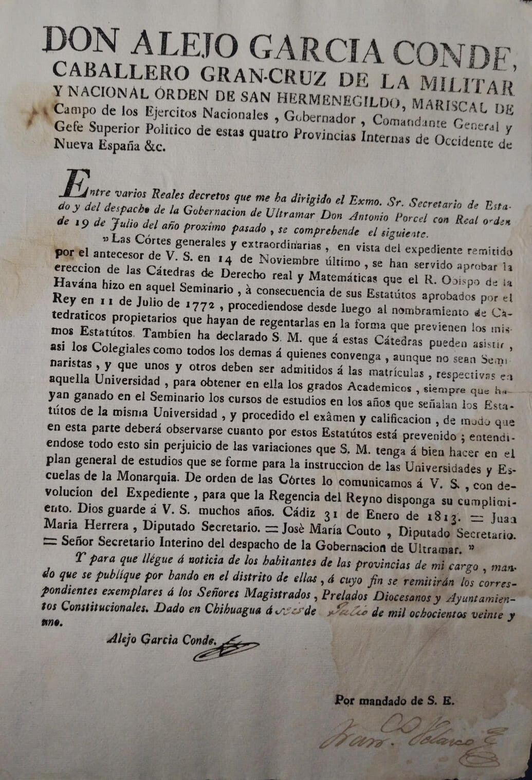 CÁTEDRAS / UNIVERSIDADES/ CHIHUAHUA/ ALEJO GARCÍA CONDE. 1821
