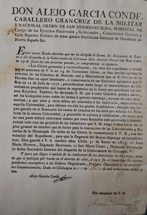 CÁTEDRAS / UNIVERSIDADES/ CHIHUAHUA/ ALEJO GARCÍA CONDE. 1821