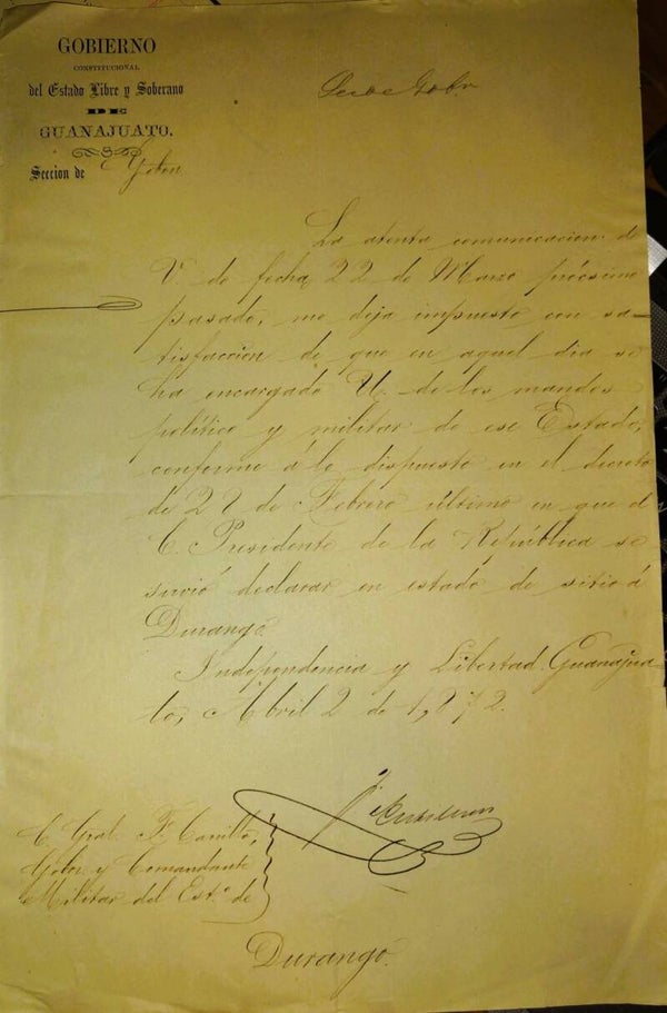 ESTADO DE SITIO/REBELIONES/ MÉXICO / 1872/ REBELION DE LA NORIA/ PORFIRIO DÍAZ.