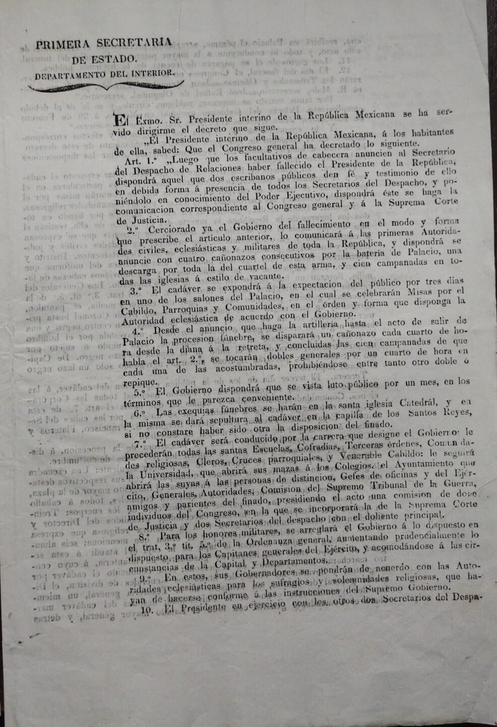 Primera Secretaría de Estado. Departamento del Interior. MUERTE DEL PRESIDENTE MIGUEL BARRAGAN. 1836