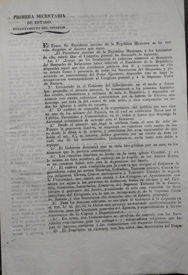 Primera Secretaría de Estado. Departamento del Interior. MUERTE DEL PRESIDENTE MIGUEL BARRAGAN. 1836