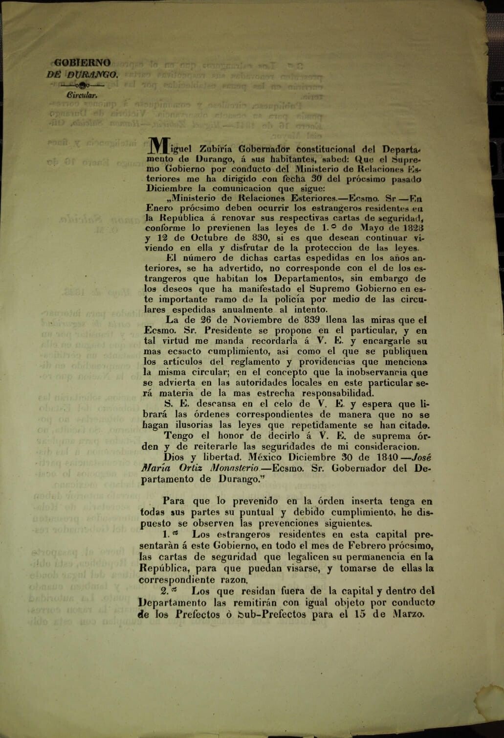 GOBIERNO DE DURANGO/CARTAS DE SEGURIDAD/PASAPORTES/MEXICO/ 1841