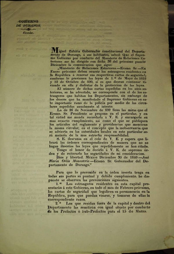 GOBIERNO DE DURANGO/CARTAS DE SEGURIDAD/PASAPORTES/MEXICO/ 1841