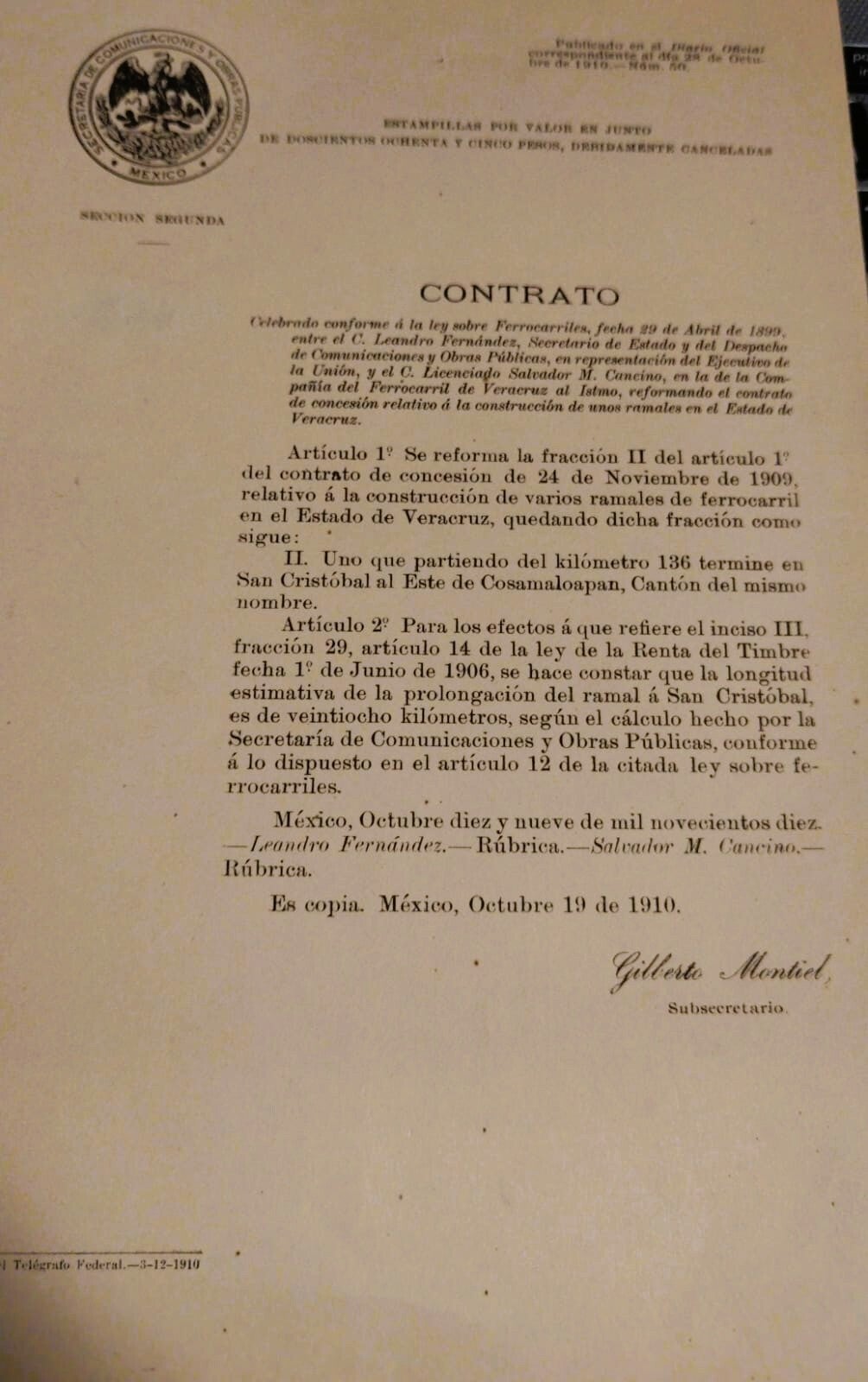 FERROCARRILE/SECRETARIA DE COMUNICACIONES/ PORFIRIO DÍAZ/ COSAMALOAPAN.  1910