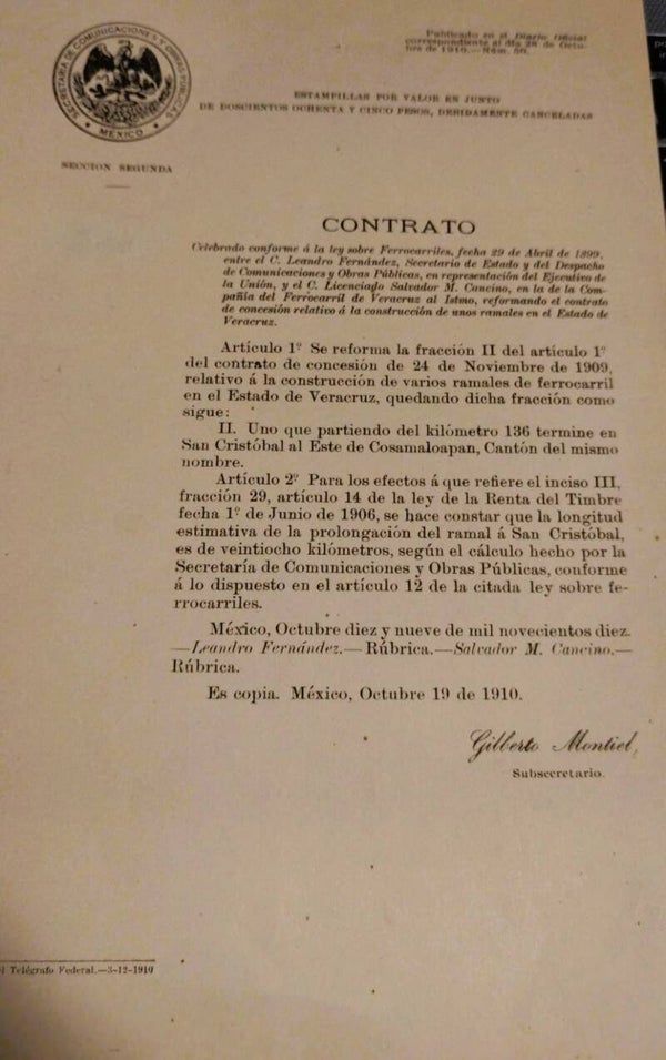 FERROCARRILE/SECRETARIA DE COMUNICACIONES/ PORFIRIO DÍAZ/ COSAMALOAPAN.  1910