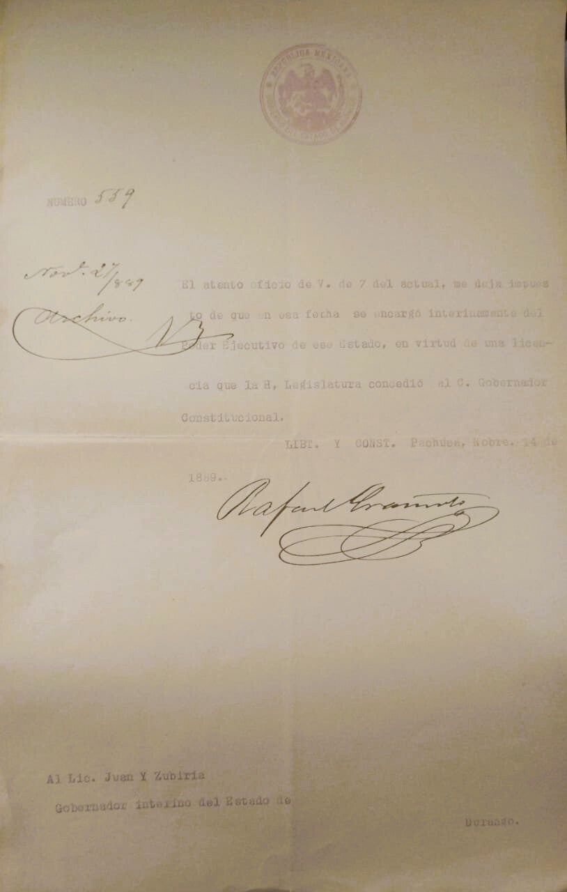 HIDALGO/GOBERNADORES/PORFIRIATO/  MEXICO. 1889