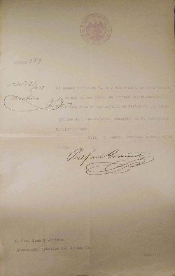 HIDALGO/GOBERNADORES/PORFIRIATO/  MEXICO. 1889