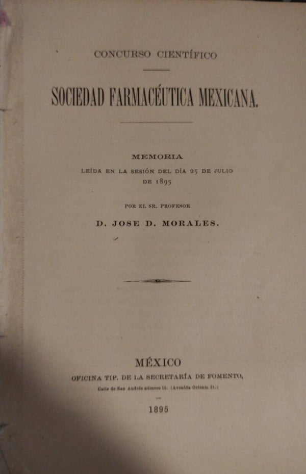 CONCURSO CIENTIFICO MEXICANO. SOCIEDAD FARMACEUTICA. 1895