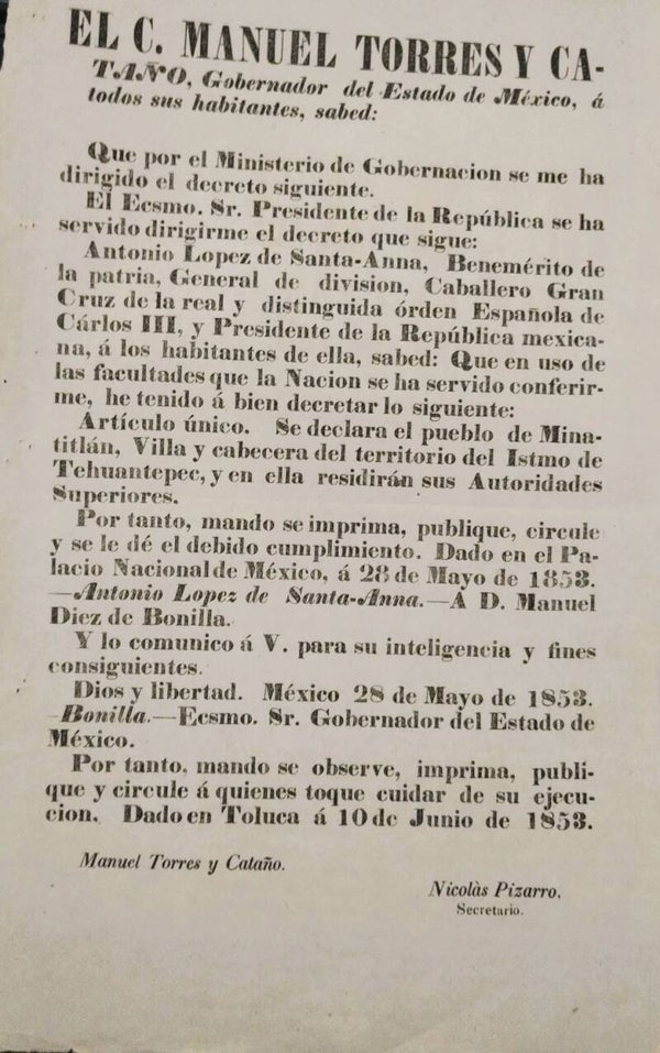DESIGNACIÓN DE LA CIUDAD DE MINATITLAN VERACRUZ COMO CAPITAL DEL ISTMO DE TEHUANTEPEC. 1853