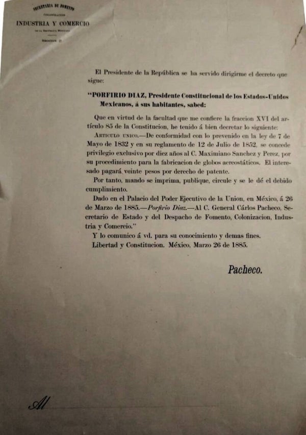 PATENTES/ PORFIRIO DIAZ/GLOBOS AEROSTATICOS/CIENCIAS.1885