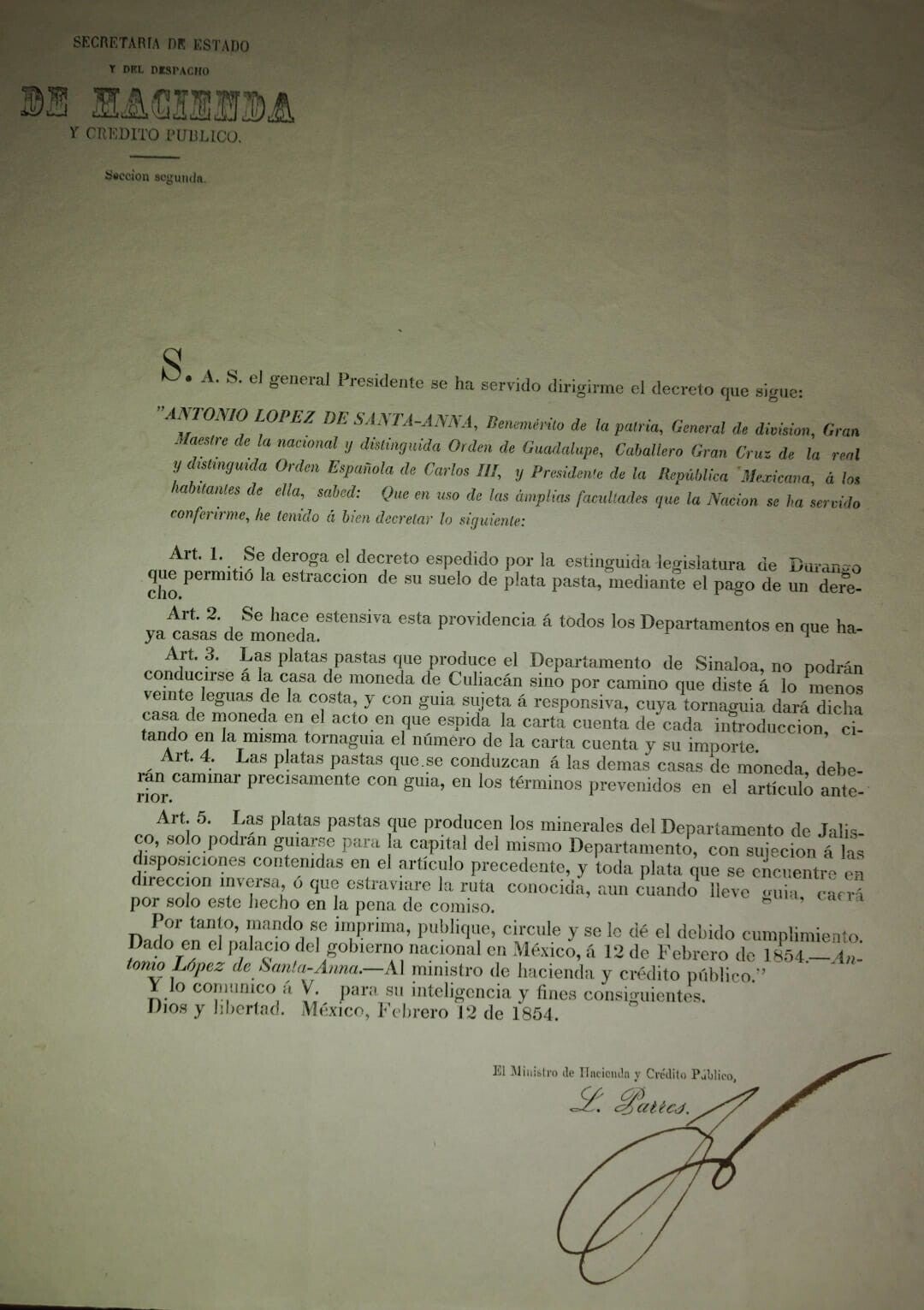 MONEDA/PLATA ACUÑADA/ COMERCIO/DURANGO/HACIENDA. / MEXICO SIGLO XIX.  1854