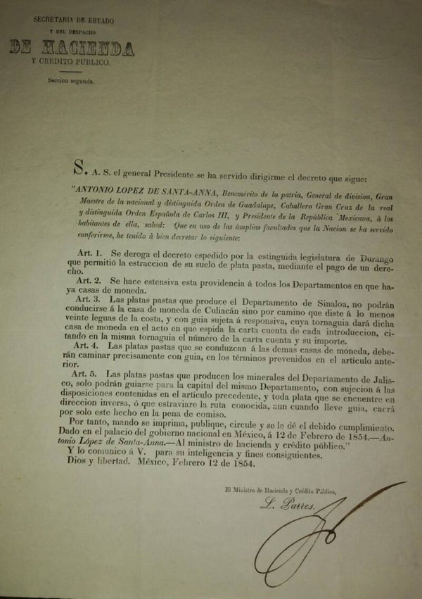 MONEDA/PLATA ACUÑADA/ COMERCIO/DURANGO/HACIENDA. / MEXICO SIGLO XIX.  1854