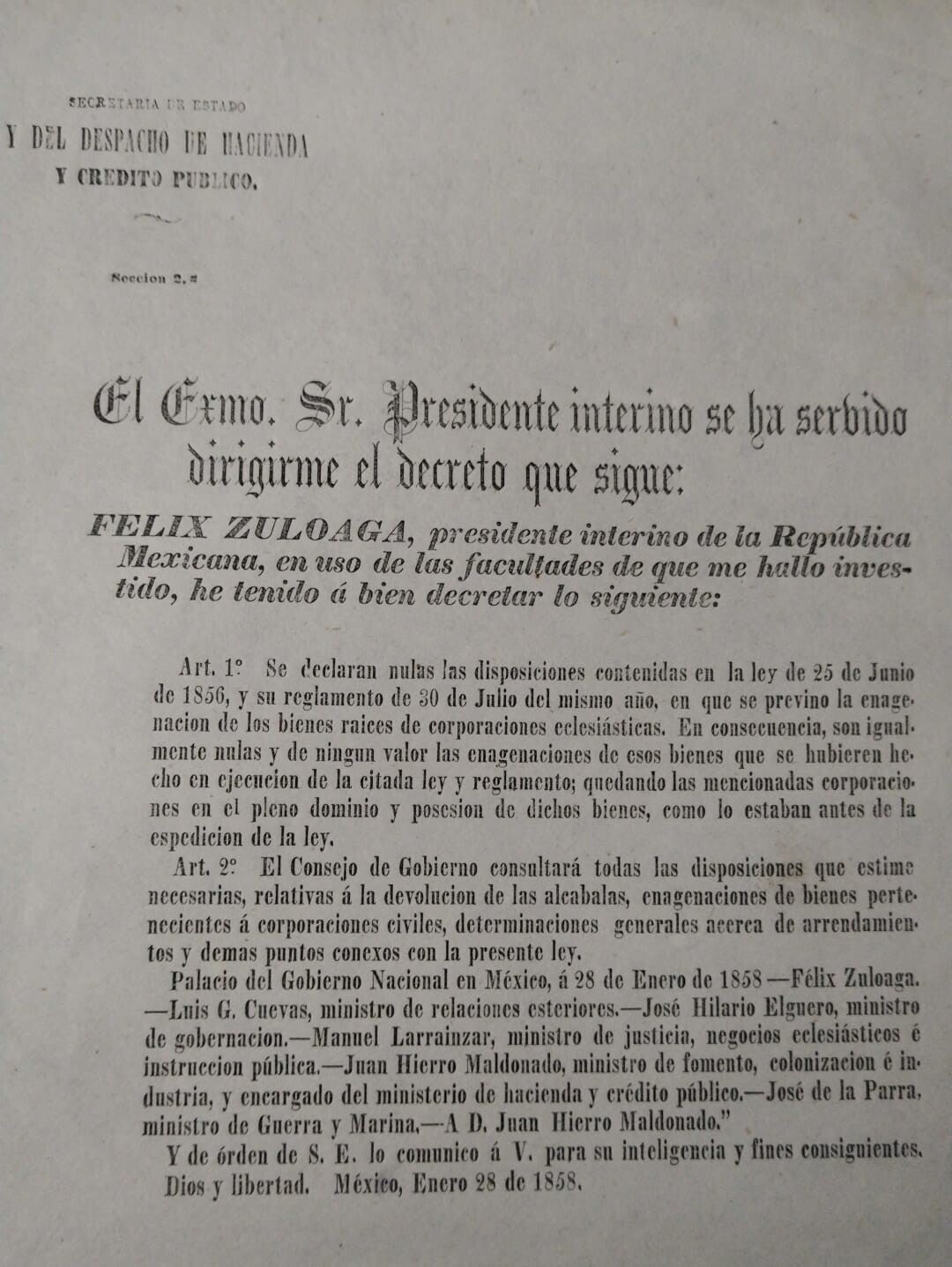 CONSERVADORES/MEXICO/GUERRA DE REFORMA/ SIGLO XIX. 1858
