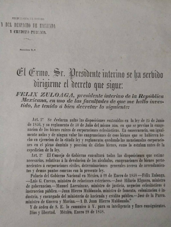 CONSERVADORES/MEXICO/GUERRA DE REFORMA/ SIGLO XIX. 1858
