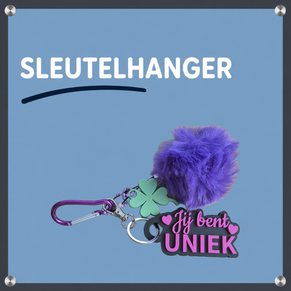 Sleutel / tas hanger jij bent Uniek met klavertje, bolletje, musketon