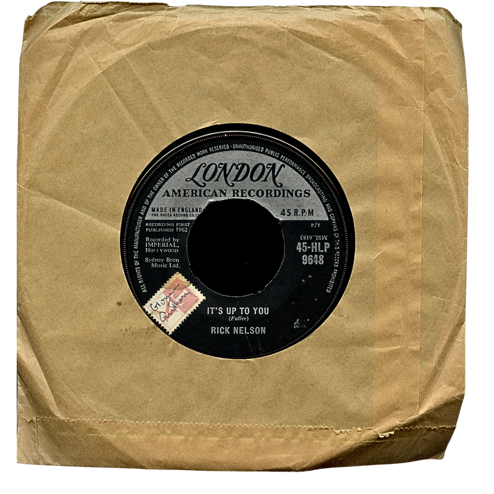 Rick Nelson It’s Up To You I Need You UK 45 London 45-HLP 9648 1962 Vinyl