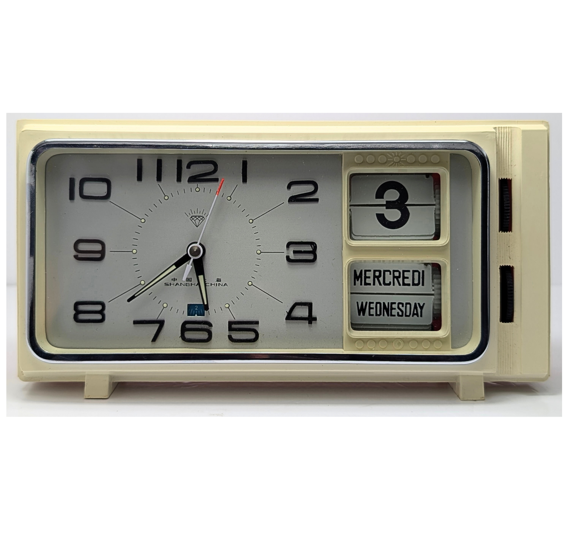 Vintage Shanghai China Desk Alarm Clock Calendar Day Date Pre-Loved Red Back