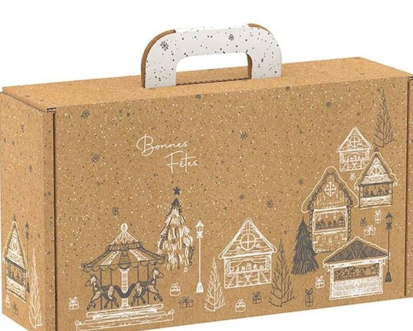 Valisette carton kraft Thème "Noël" gris/blanc à remplir 33x18,5x9,5cm  par lot de 20