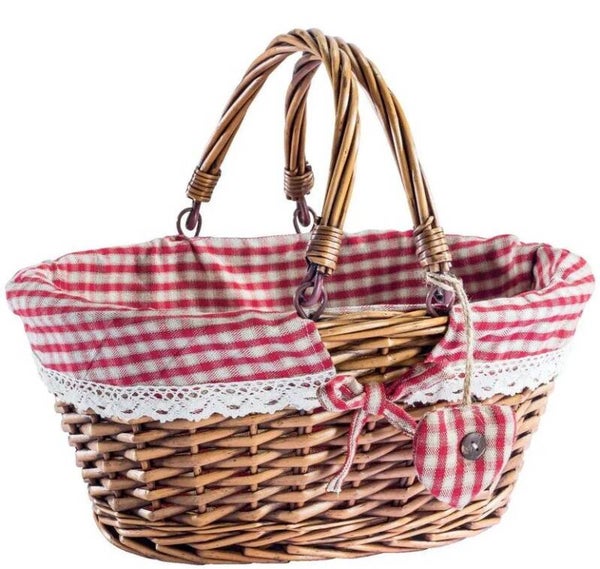 Panier oval en osier avec tissu vichy rouge et anses mobiles à remplir 35x28x30cm
