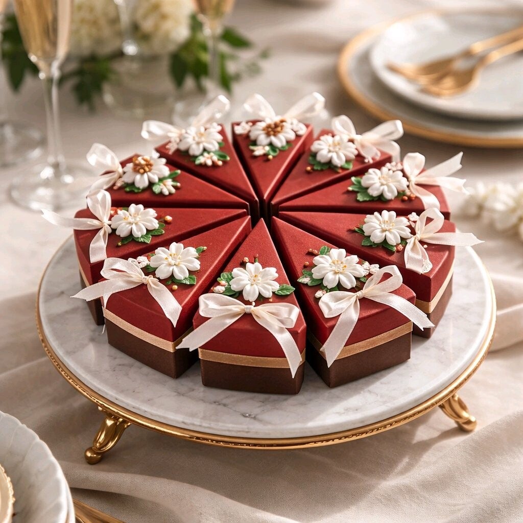 Boite part de gâteau  rouge avec ruban   6x5,5x9,5cm   par lot de 10 parts