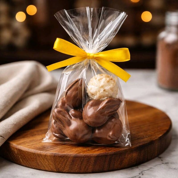 Sachet contenant des fritures lait, oeufs chocolat blanc et lapins praliné   250gr
