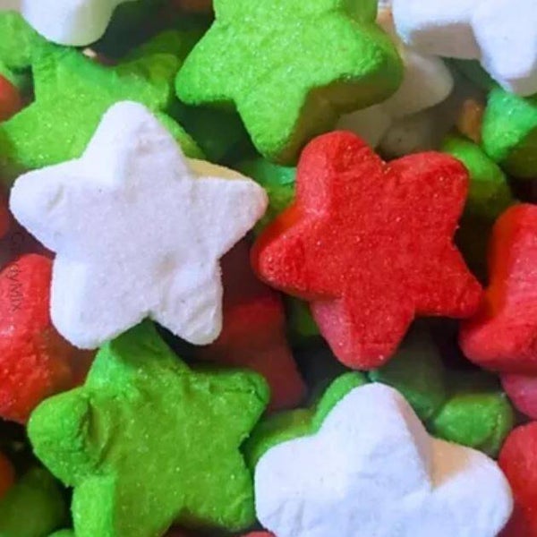 Marshmallows Etoiles blanches, vertes et rouges 50gr